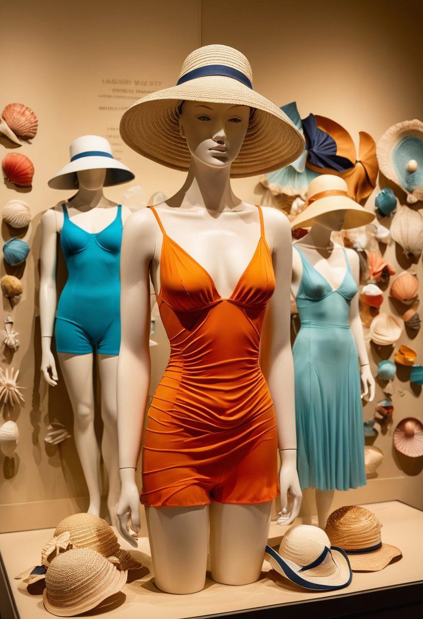 A beautifully arranged display of vintage swimwear artifacts from different eras, showcasing styles from the 1920s to modern-day, surrounded by sandy beach elements like seashells and sun hats. In the background, a soft-focus museum setting with warm lighting highlights the rich history of beach fashion. Elements of water and waves weave through the design, adding an element of fluidity. vibrant colors. museum exhibit style.
