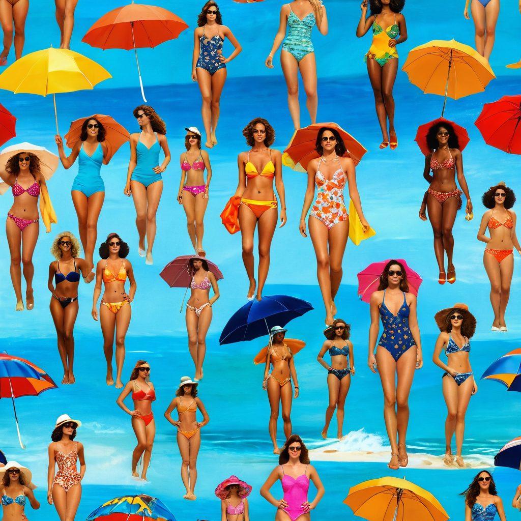 A vibrant beach scene showcasing a timeline of beach fashion evolution, featuring diverse models wearing various styles of bathing suits and bikinis from vintage to modern. The background includes colorful beach umbrellas, sunbathers, and the sparkling ocean. Emphasize the transformation in designs and patterns over the decades. bright colors. super-realistic.